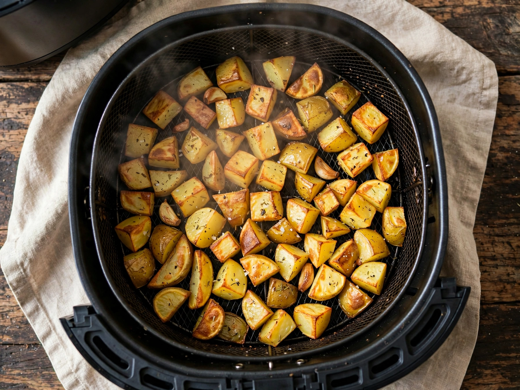 Kartoffelstücke garen im Airfryer-Korb bei 200 °C