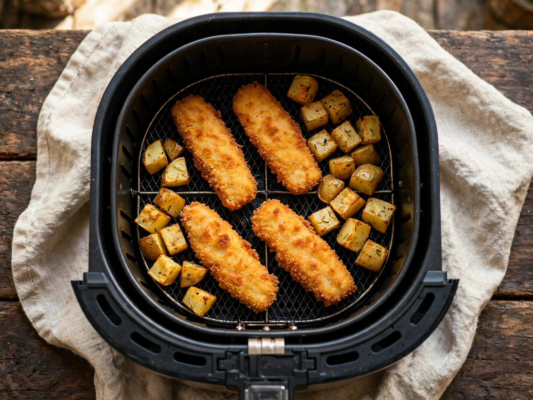 Fischstäbchen werden zu den Kartoffeln in den Airfryer-Korb gelegt