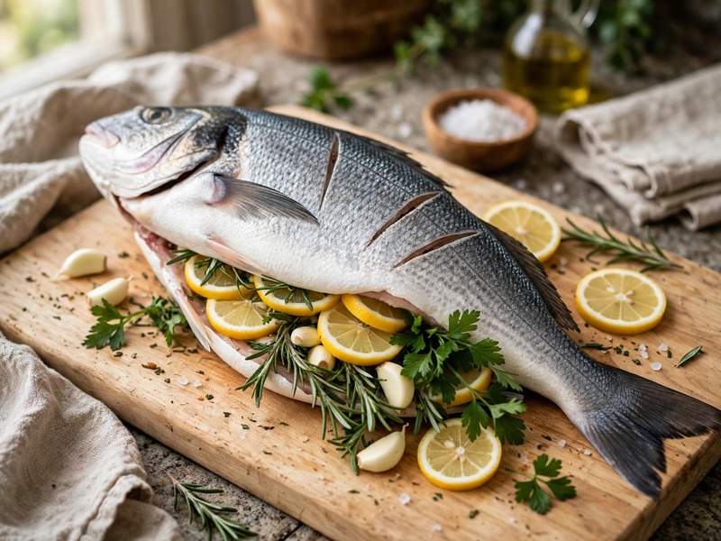 Zitronenscheiben, Knoblauch und Kräuter als Füllung für die Dorade