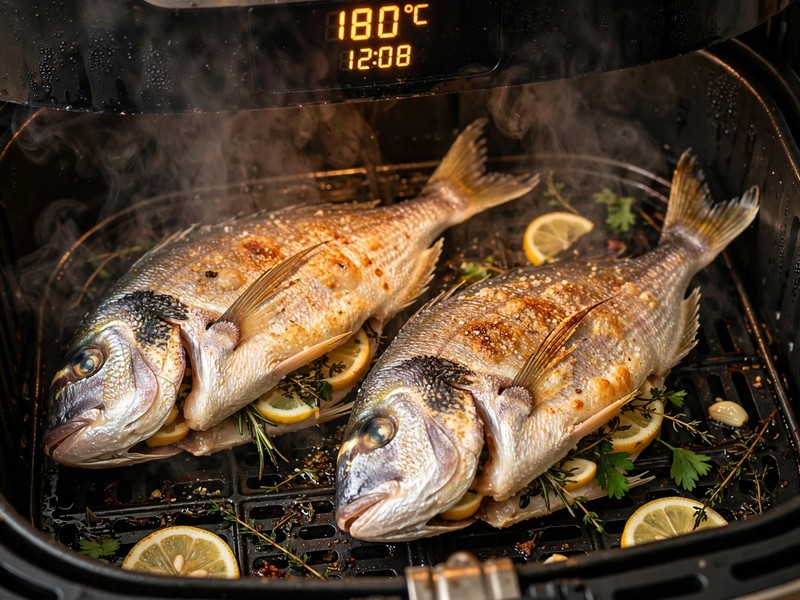 Dorade liegt diagonal im Airfryer-Garkorb