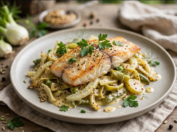 Seelachs auf cremigem Fenchel-Senf-Gemüse aus dem Airfryer
