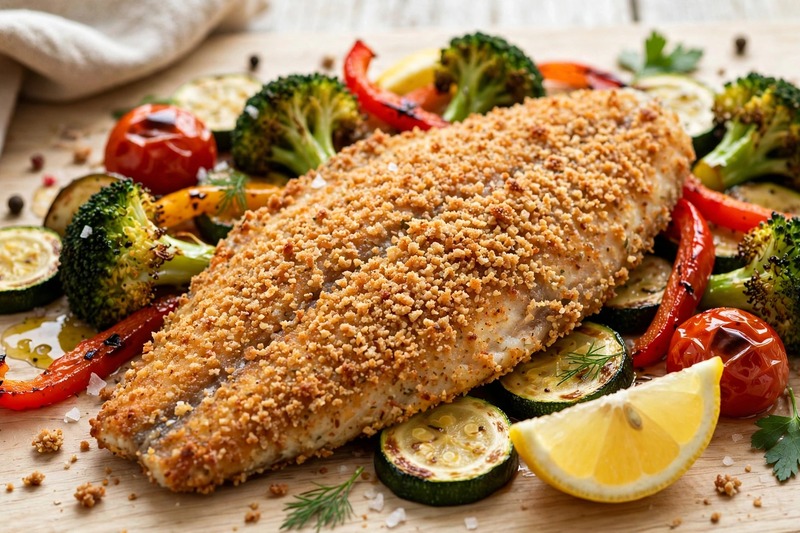 Fischfilet in Vollkornpanade mit Kartoffelsalat und Gurkensalat serviert