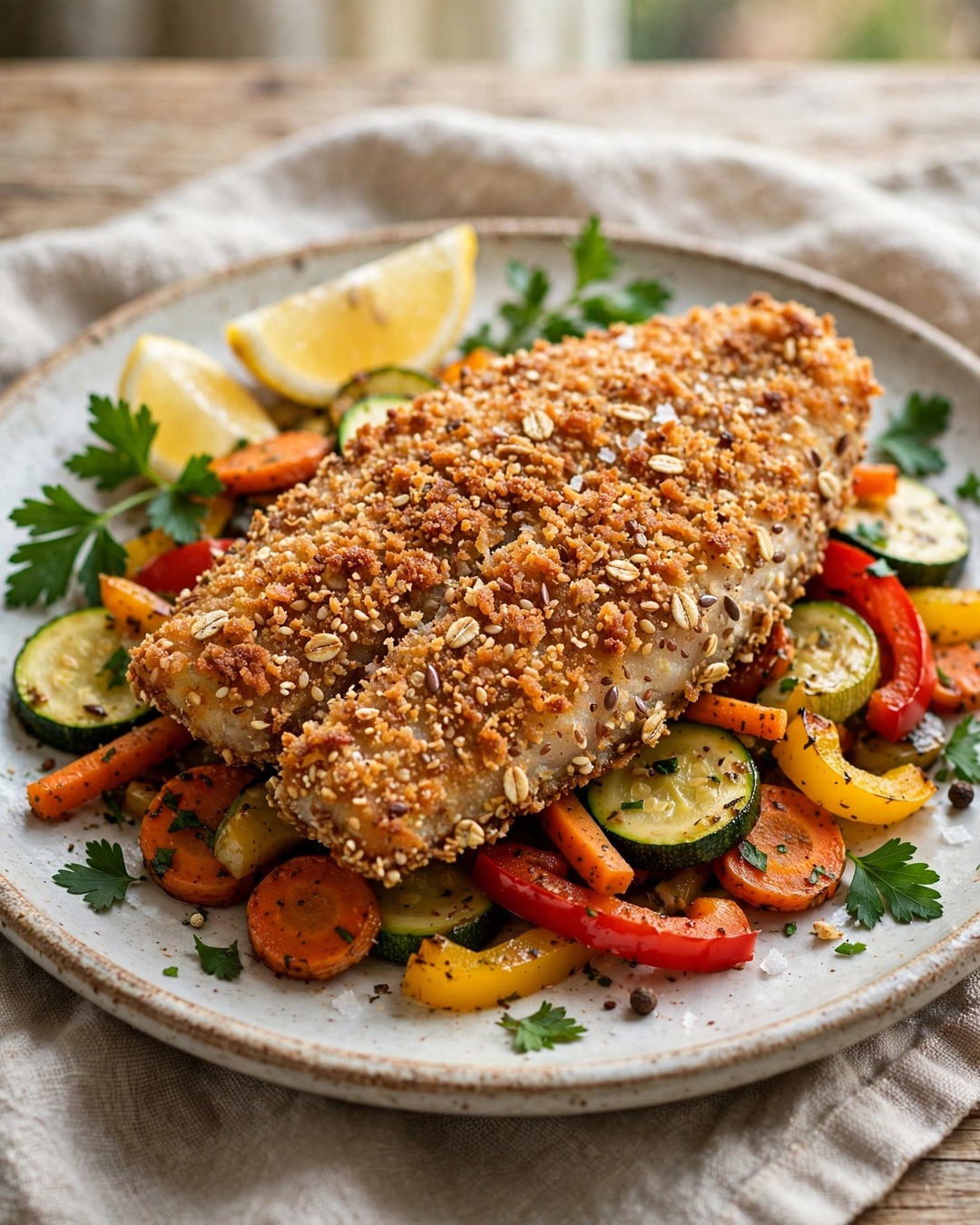 Goldbraunes Fischfilet in Vollkornpanade auf buntem Gemüsebett – frisch aus dem Airfryer