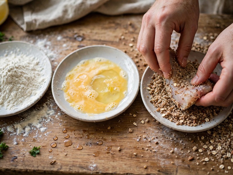 Fischfilet wird paniert – erst durch Mehl, dann Ei, dann Paniermehl