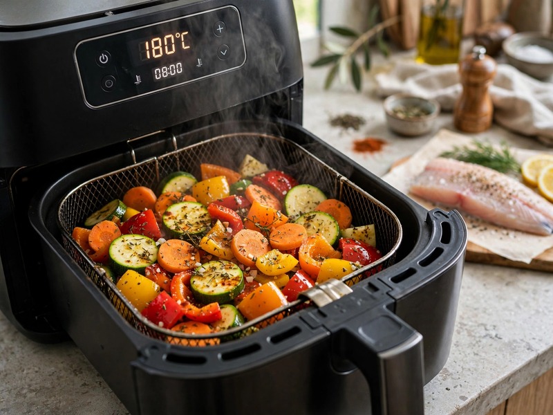 Buntes Mischgemüse gart im Airfryer vor – Vorbereitung für das Fischfilet