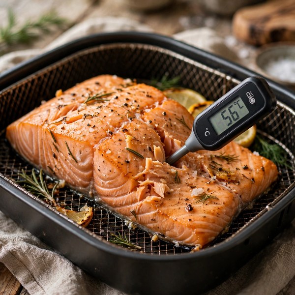 Fleischthermometer steckt im Lachsfilet – Kerntemperatur liegt bei 56 °C