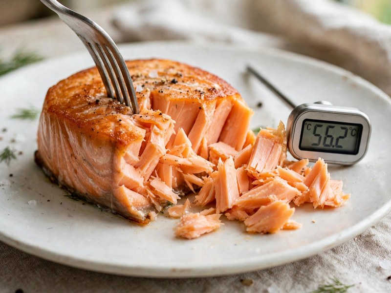 Garpunkt beim Lachs prüfen – Fleisch lässt sich mit der Gabel leicht zerteilen
