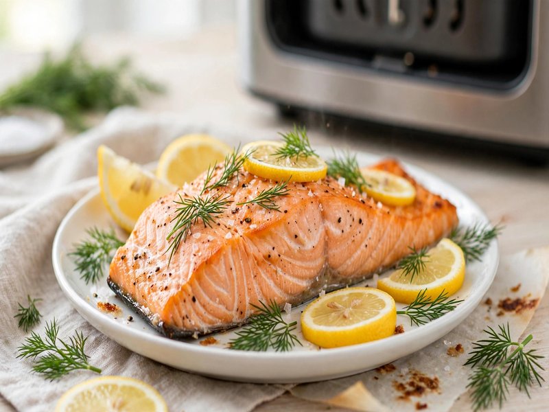 Fertiges Lachsfilet mit Zitronenscheibe und frischem Dill auf einem Teller serviert