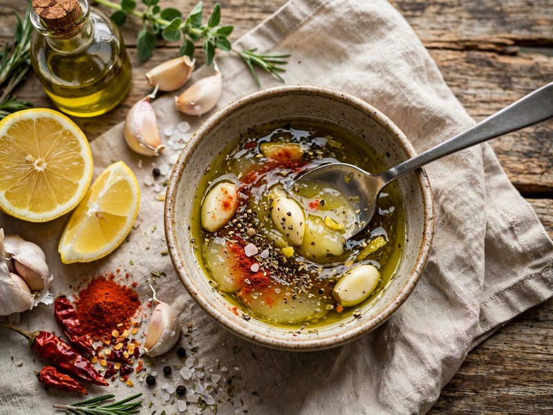 Marinade aus Olivenöl, Zitronensaft und Gewürzen wird angerührt