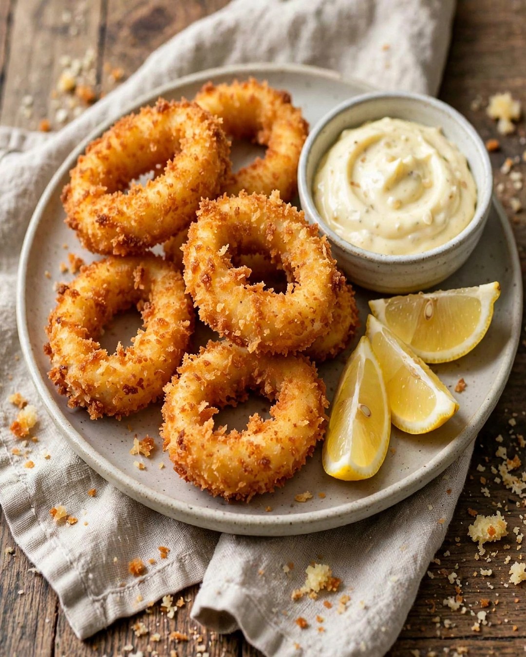 Goldbraune TK-Tintenfischringe aus der Heißluftfritteuse mit Aioli und Zitrone