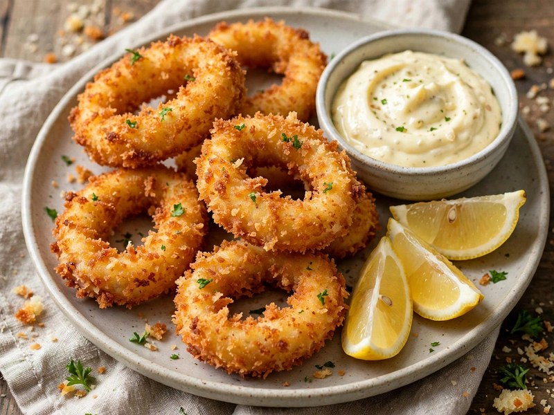 Fertige Tintenfischringe mit Aioli und Zitrone serviert