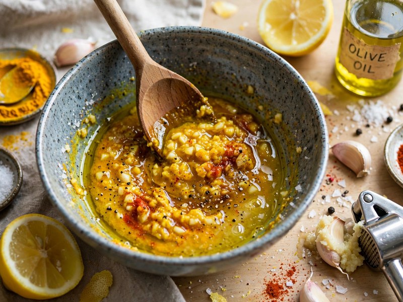 Knoblauch-Kurkuma-Marinade wird in einer Schüssel angerührt
