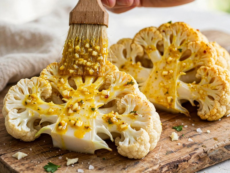 Blumenkohl-Steaks werden mit der Marinade bestrichen