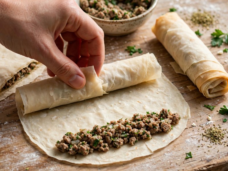 Börek-Röllchen werden mit der Füllung gerollt