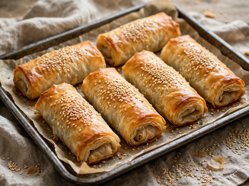 Börek-Röllchen werden mit pflanzlicher Milch bestrichen und mit Sesam bestreut