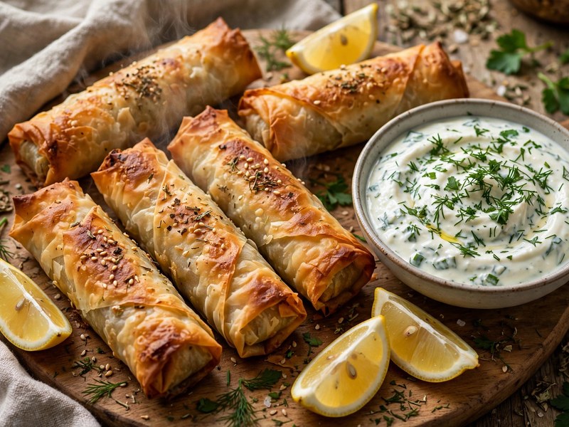 Servierfertige Börek-Röllchen mit Zitrone und Dip