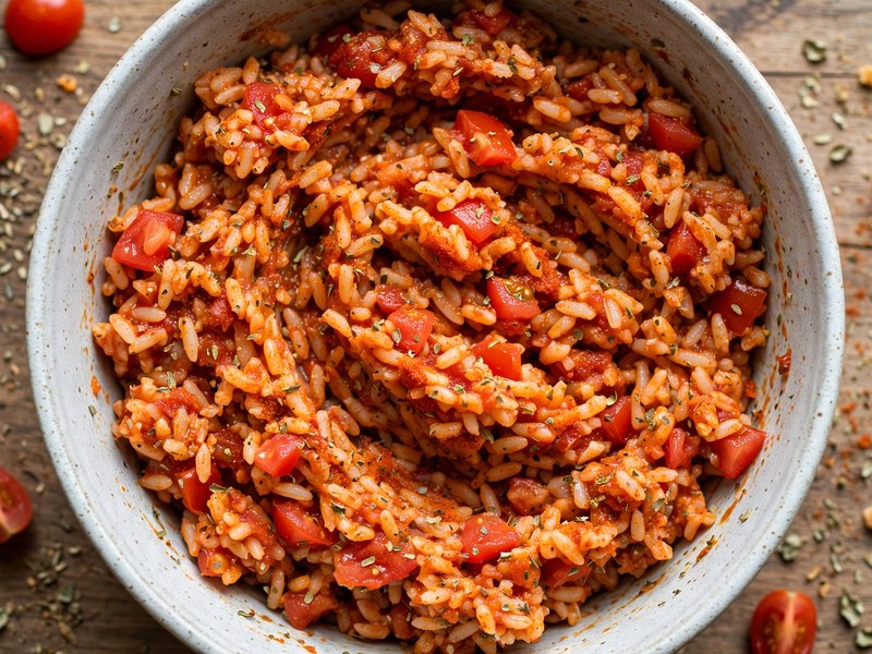 Reisfüllung mit Tomaten und Kräutern wird angerührt