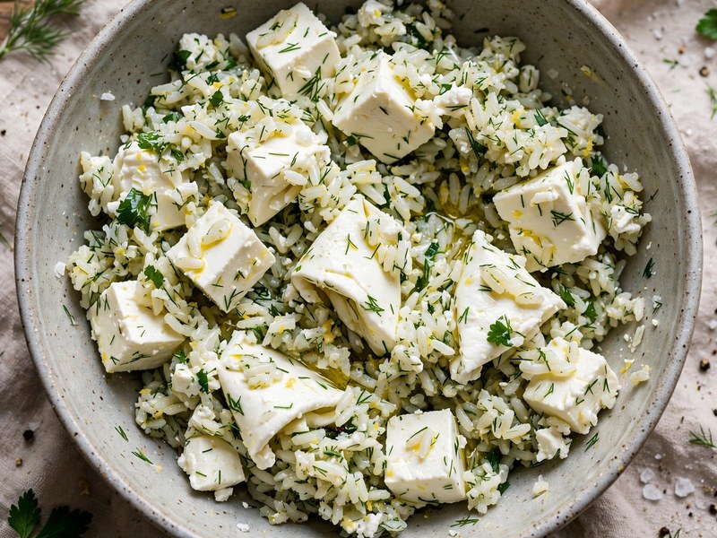 Feta-Würfel werden unter die Reismischung gehoben