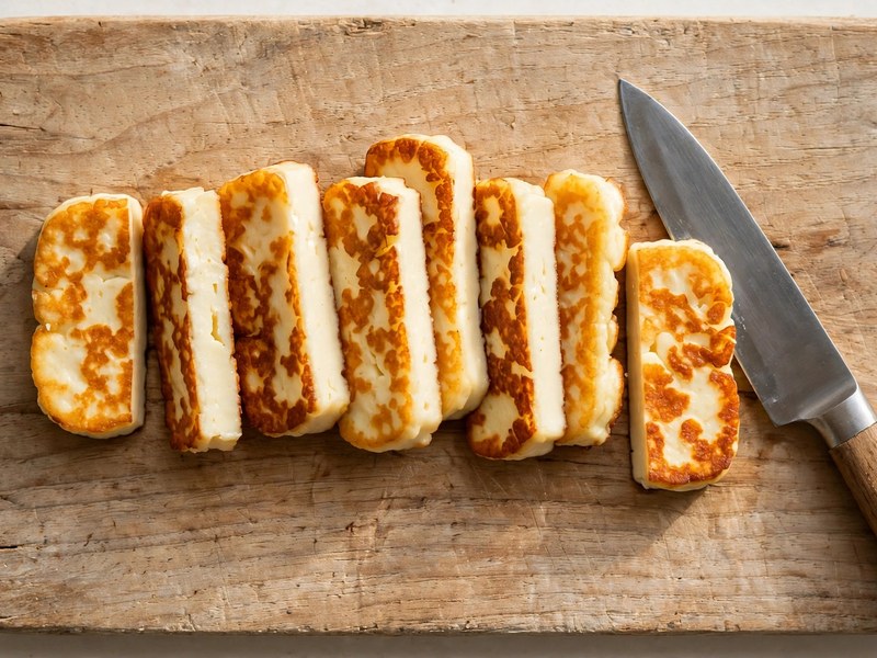 Halloumi wird in 1 cm dicke Scheiben geschnitten