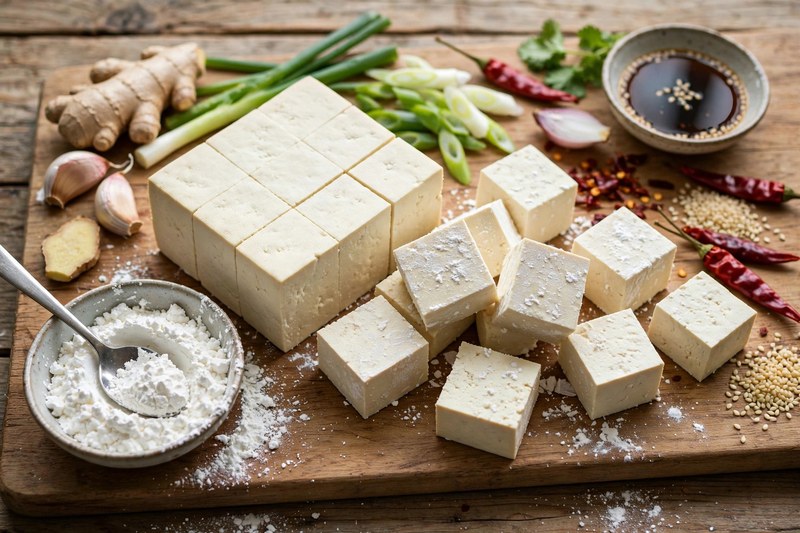 Fester Tofu, Marinadenzutaten und Speisestärke für knusprigen Tofu aus dem Airfryer