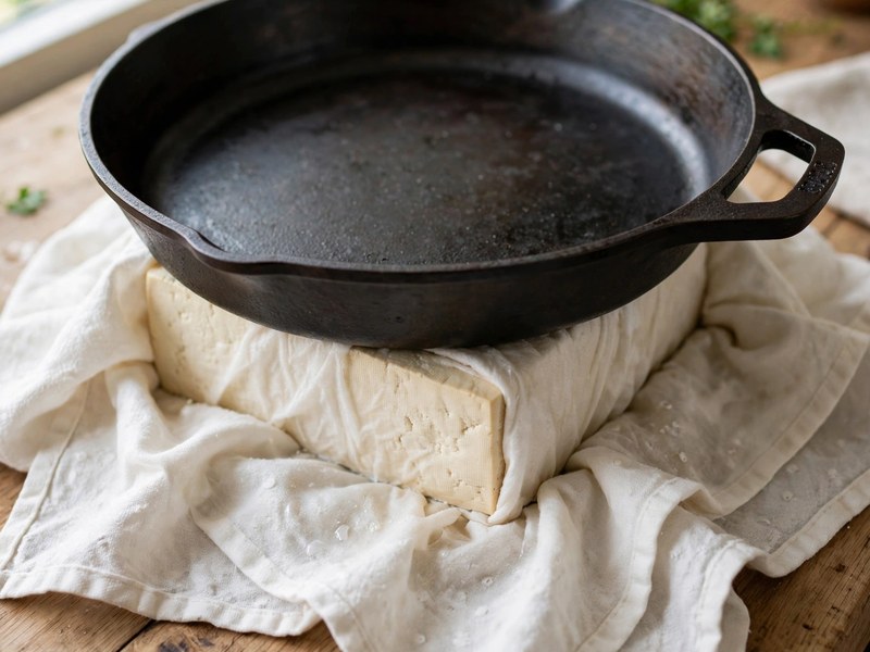 Tofu wird zwischen Küchentüchern mit einer Pfanne gepresst
