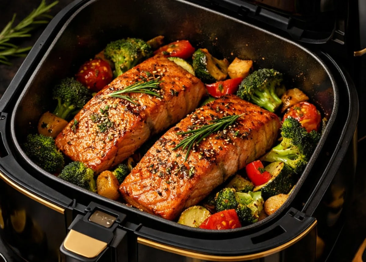 Überblick über verschiedene Airfryer-Gerichte – knusprige Hähnchen, Pommes und Gemüse