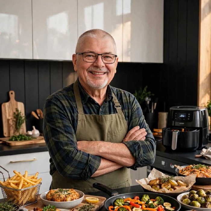 Ludger Zimmermann, genannt Opa, bereitet ein Airfryer-Rezept in seiner Küche in Haltern am See zu