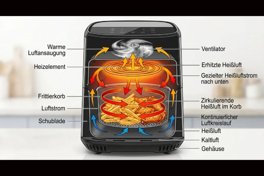 Schematische Darstellung der Luftzirkulation in einer Heißluftfritteuse
