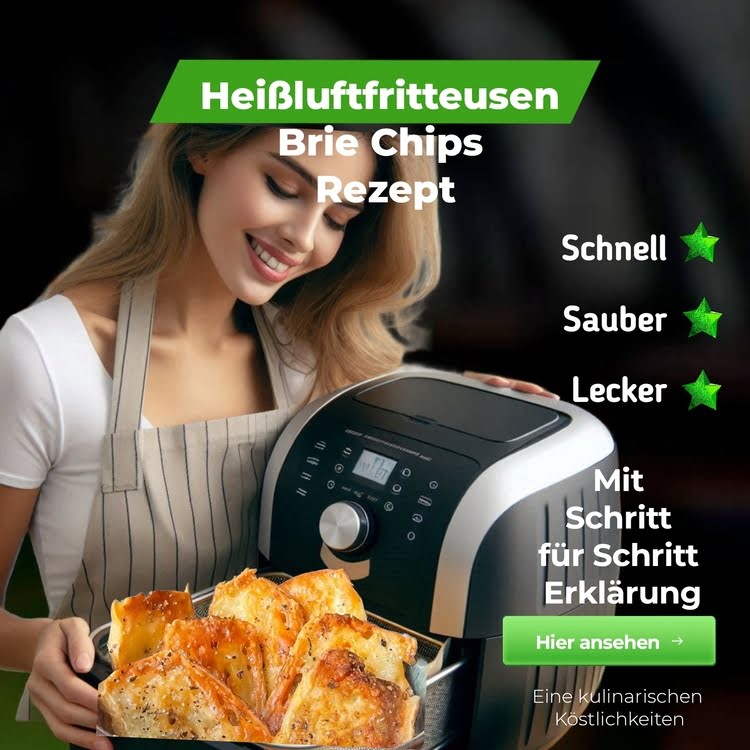 Eine Frau hält ein Tablett mit Brie-Chips vor einer Fritteuse. 