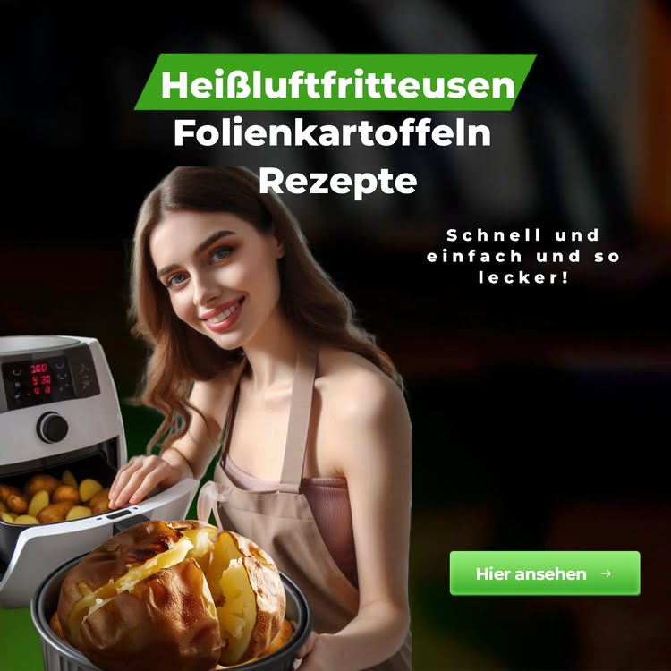 Eine Frau präsentiert stolz ihre Ofenkartoffelbzw. Folienkartoffel aus der Heißluftfritteuse.