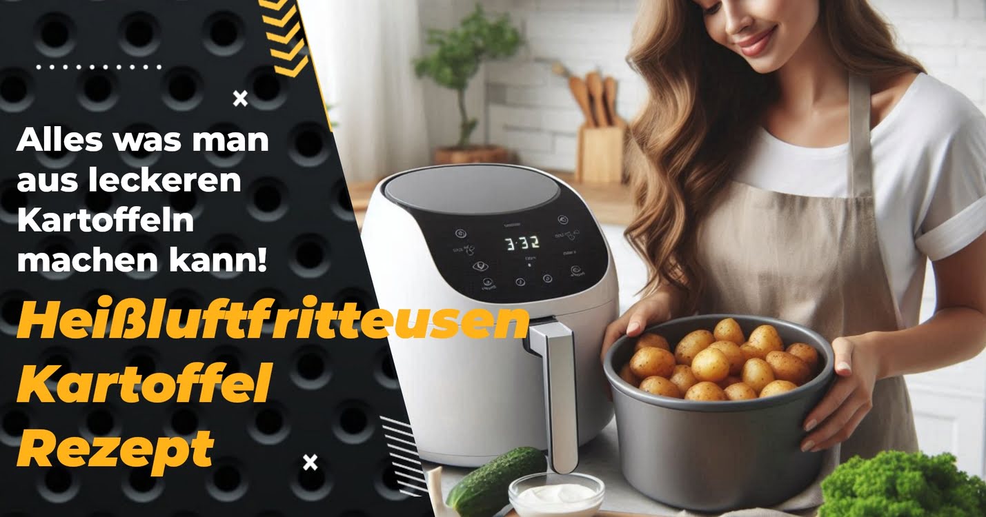 Eine Frau hält einen Topf mit Kartoffeln vor einer Küche, die in einer Heißluftfritteuse zubereitet wurden.