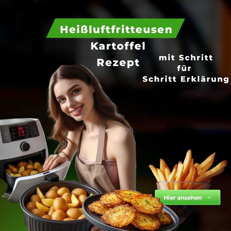 Eine Frau zeigt ein Tablett mit frisch zubereiteten Pommes und einer Heißluftfritteuse.