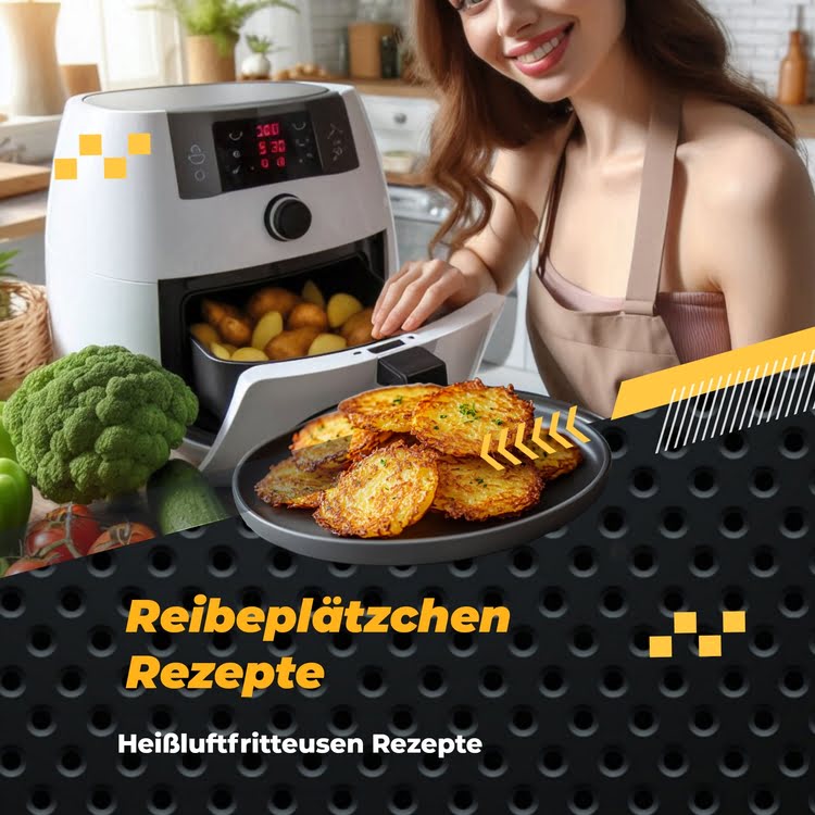 Eine Frau zeigt ihre in der Heißluftfritteuse zubereiteten tiefgefrorenen Reibeplätzchen..