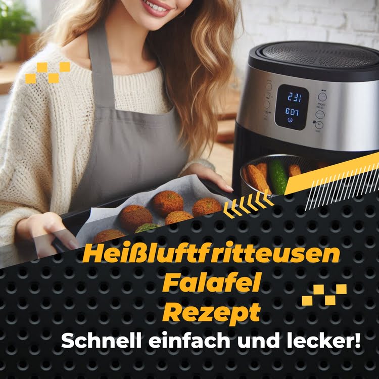 Eine Frau präsentiert ihre frisch zubereiteten Falafel neben einer Heißluftfritteuse. 