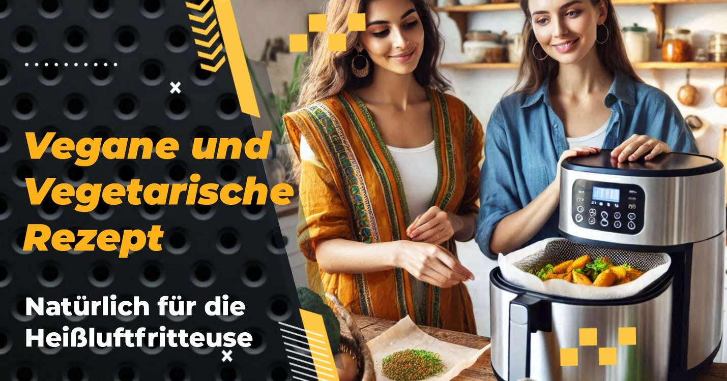 Zwei Frauen bereiten in einer Küche Gemüse in einer Heißluftfritteuse vegan zu. 