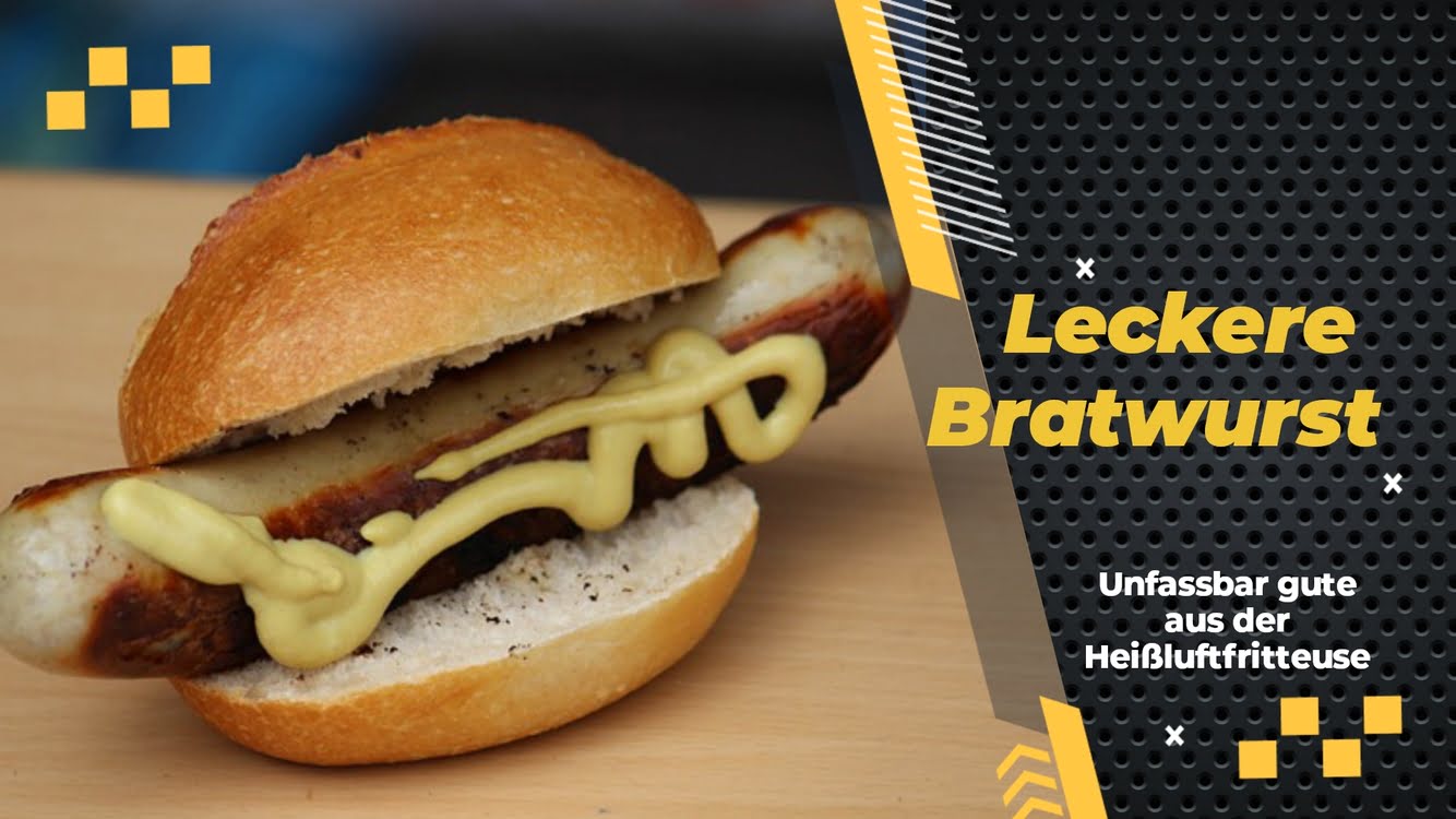 Auf einem Tisch liegt ein Bratwurst, das mit Senf garniert ist und bereit zum Essen aussieht. 